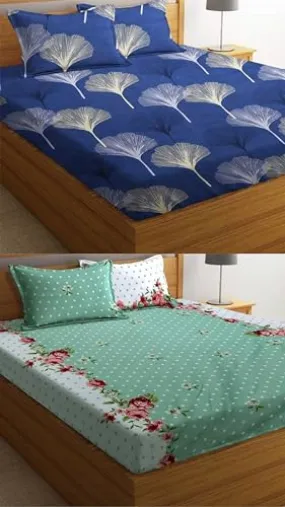 Neekshaa Combo Pack of 2 Super Soft Elastic Fitted Glace Cotton Double Bedsheets with 4 Pillow Covers Size-72x72 8 inches, Multicolor (Model no.-102)