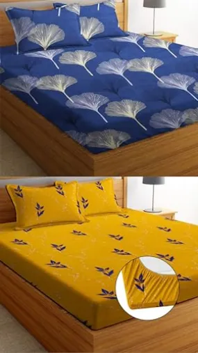 Neekshaa Combo Pack of 2 Super Soft Elastic Fitted Glace Cotton Double Bedsheets with 4 Pillow Covers Size-72x72 8 inches, Multicolor (Model no.-107)