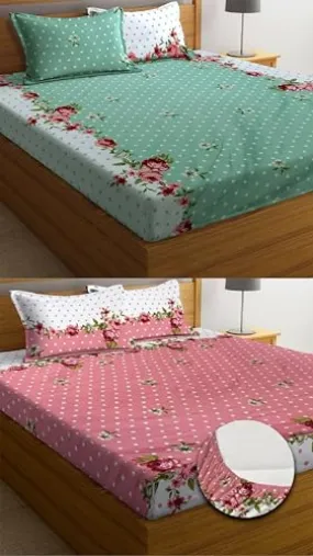 Neekshaa Combo Pack of 2 Super Soft Elastic Fitted Glace Cotton Double Bedsheets with 4 Pillow Covers Size-72x72 8 inches, Multicolor (Model no.-13)