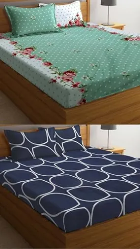 Neekshaa Combo Pack of 2 Super Soft Elastic Fitted Glace Cotton Double Bedsheets with 4 Pillow Covers Size-72x72 8 inches, Multicolor (Model no.-15)