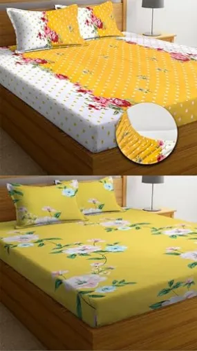 Neekshaa Combo Pack of 2 Super Soft Elastic Fitted Glace Cotton Double Bedsheets with 4 Pillow Covers Size-72x72 8 inches, Multicolor (Model no.-24)