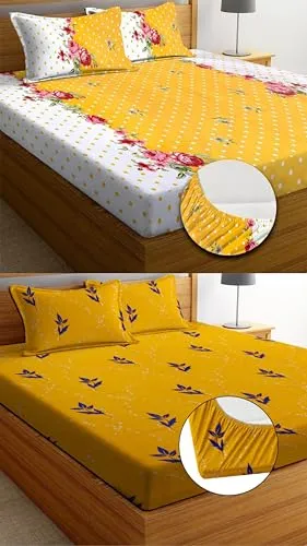 Neekshaa Combo Pack of 2 Super Soft Elastic Fitted Glace Cotton Double Bedsheets with 4 Pillow Covers Size-72x72 8 inches, Multicolor (Model no.-26)
