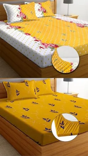 Neekshaa Combo Pack of 2 Super Soft Elastic Fitted Glace Cotton Double Bedsheets with 4 Pillow Covers Size-72x72 8 inches, Multicolor (Model no.-26)
