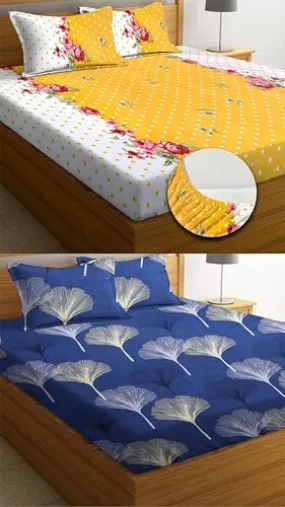 Neekshaa Combo Pack of 2 Super Soft Elastic Fitted Glace Cotton Double Bedsheets with 4 Pillow Covers Size-72x72 8 inches, Multicolor (Model no.-30)
