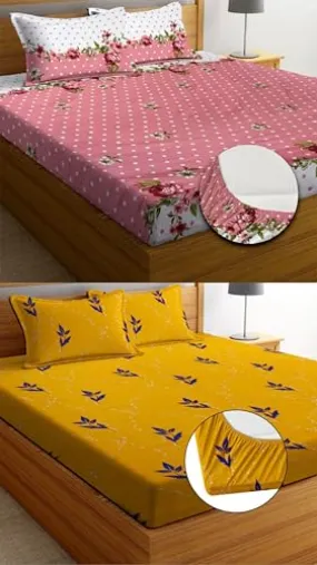 Neekshaa Combo Pack of 2 Super Soft Elastic Fitted Glace Cotton Double Bedsheets with 4 Pillow Covers Size-72x72 8 inches, Multicolor (Model no.-36)
