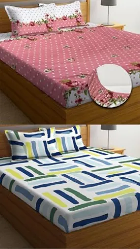 Neekshaa Combo Pack of 2 Super Soft Elastic Fitted Glace Cotton Double Bedsheets with 4 Pillow Covers Size-72x72 8 inches, Multicolor (Model no.-38)