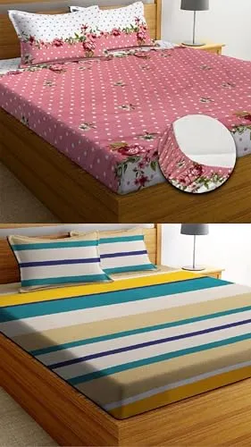 Neekshaa Combo Pack of 2 Super Soft Elastic Fitted Glace Cotton Double Bedsheets with 4 Pillow Covers Size-72x72 8 inches, Multicolor (Model no.-39)