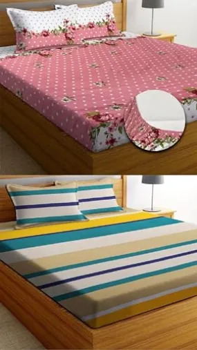 Neekshaa Combo Pack of 2 Super Soft Elastic Fitted Glace Cotton Double Bedsheets with 4 Pillow Covers Size-72x72 8 inches, Multicolor (Model no.-39)