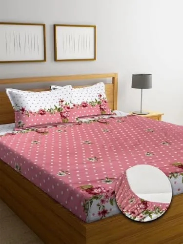 Neekshaa Combo Pack of 2 Super Soft Elastic Fitted Glace Cotton Double Bedsheets with 4 Pillow Covers Size-72x72 8 inches, Multicolor (Model no.-39)