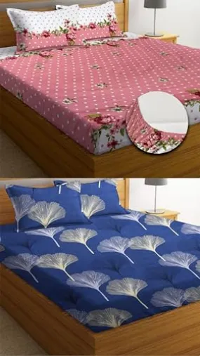 Neekshaa Combo Pack of 2 Super Soft Elastic Fitted Glace Cotton Double Bedsheets with 4 Pillow Covers Size-72x72 8 inches, Multicolor (Model no.-40)