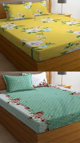Neekshaa Combo Pack of 2 Super Soft Elastic Fitted Glace Cotton Double Bedsheets with 4 Pillow Covers Size-72x72 8 inches, Multicolor (Model no.-42)