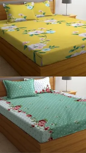 Neekshaa Combo Pack of 2 Super Soft Elastic Fitted Glace Cotton Double Bedsheets with 4 Pillow Covers Size-72x72 8 inches, Multicolor (Model no.-42)
