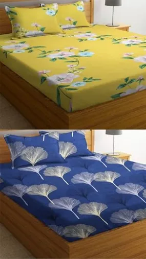 Neekshaa Combo Pack of 2 Super Soft Elastic Fitted Glace Cotton Double Bedsheets with 4 Pillow Covers Size-72x72 8 inches, Multicolor (Model no.-50)