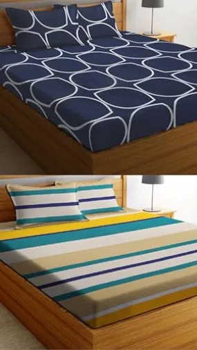 Neekshaa Combo Pack of 2 Super Soft Elastic Fitted Glace Cotton Double Bedsheets with 4 Pillow Covers Size-72x72 8 inches, Multicolor (Model no.-59)