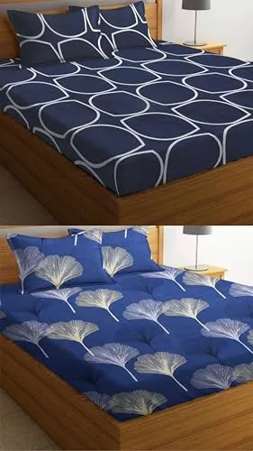 Neekshaa Combo Pack of 2 Super Soft Elastic Fitted Glace Cotton Double Bedsheets with 4 Pillow Covers Size-72x72 8 inches, Multicolor (Model no.-60)