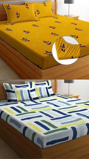 Neekshaa Combo Pack of 2 Super Soft Elastic Fitted Glace Cotton Double Bedsheets with 4 Pillow Covers Size-72x72 8 inches, Multicolor (Model no.-68)