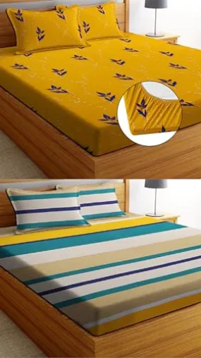 Neekshaa Combo Pack of 2 Super Soft Elastic Fitted Glace Cotton Double Bedsheets with 4 Pillow Covers Size-72x72 8 inches, Multicolor (Model no.-69)
