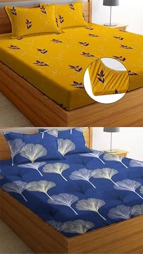 Neekshaa Combo Pack of 2 Super Soft Elastic Fitted Glace Cotton Double Bedsheets with 4 Pillow Covers Size-72x72 8 inches, Multicolor (Model no.-70)