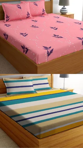 Neekshaa Combo Pack of 2 Super Soft Elastic Fitted Glace Cotton Double Bedsheets with 4 Pillow Covers Size-72x72 8 inches, Multicolor (Model no.-79)