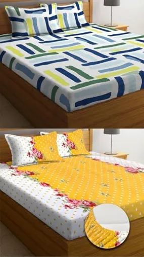 Neekshaa Combo Pack of 2 Super Soft Elastic Fitted Glace Cotton Double Bedsheets with 4 Pillow Covers Size-72x72 8 inches, Multicolor (Model no.-83)