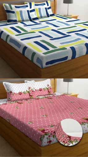 Neekshaa Combo Pack of 2 Super Soft Elastic Fitted Glace Cotton Double Bedsheets with 4 Pillow Covers Size-72x72 8 inches, Multicolor (Model no.-84)