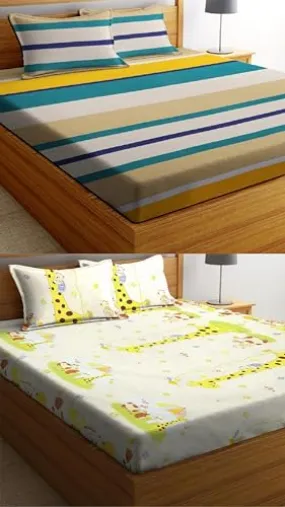 Neekshaa Combo Pack of 2 Super Soft Elastic Fitted Glace Cotton Double Bedsheets with 4 Pillow Covers Size-72x72 8 inches, Multicolor (Model no.-91)