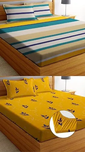 Neekshaa Combo Pack of 2 Super Soft Elastic Fitted Glace Cotton Double Bedsheets with 4 Pillow Covers Size-72x72 8 inches, Multicolor (Model no.-97)