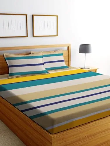 Neekshaa Combo Pack of 2 Super Soft Elastic Fitted Glace Cotton Double Bedsheets with 4 Pillow Covers Size-72x72 8 inches, Multicolor (Model no.-97)