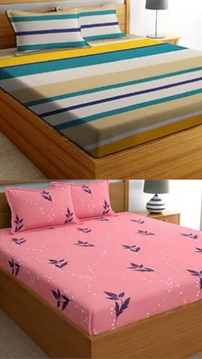 Neekshaa Combo Pack of 2 Super Soft Elastic Fitted Glace Cotton Double Bedsheets with 4 Pillow Covers Size-72x72 8 inches, Multicolor (Model no.-98)