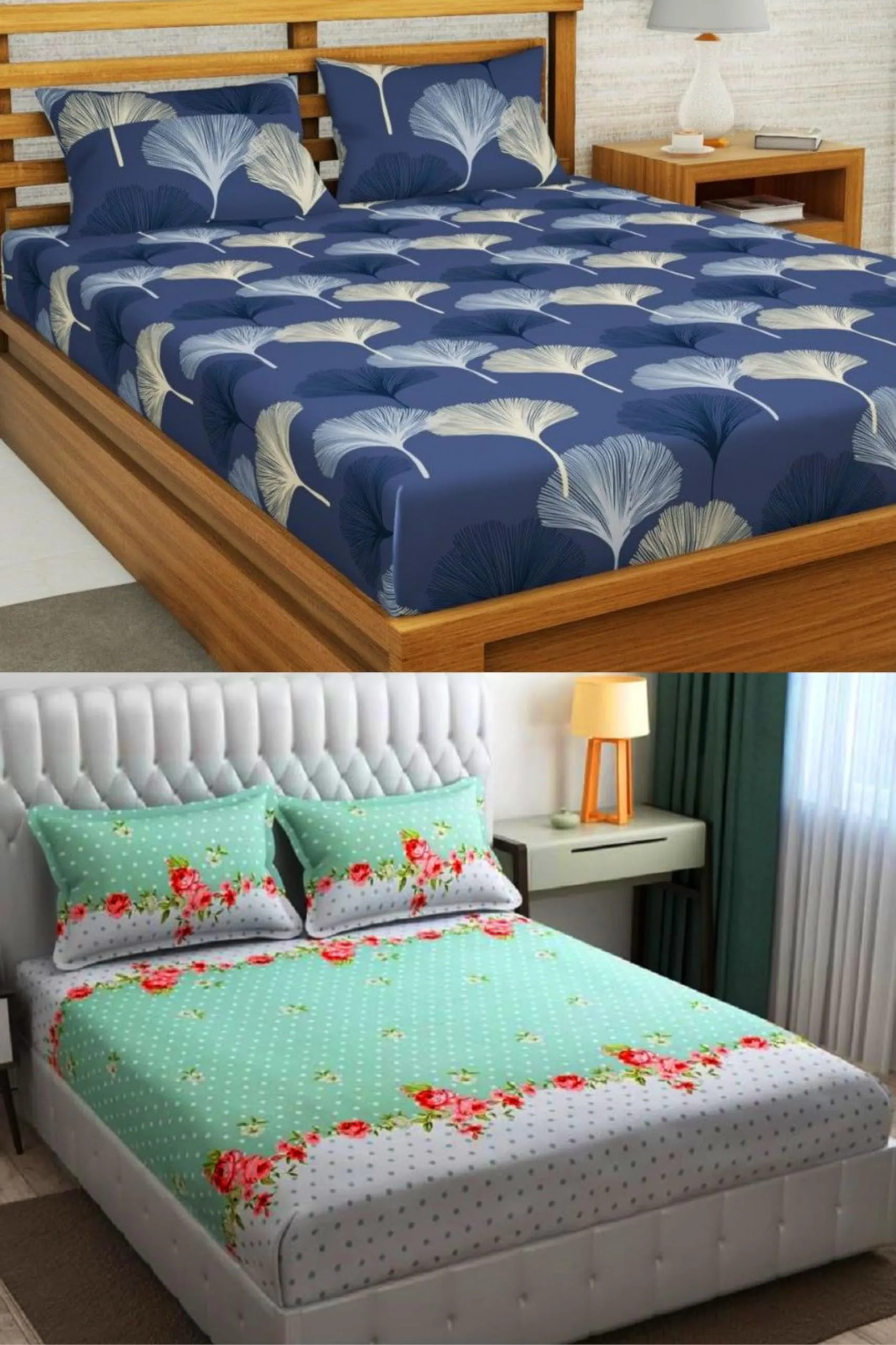 Neekshaa Combo Pack of 2 Super Soft Elastic Fitted Glace Cotton Double Bedsheets with 4 Pillow Covers_Size-72 x 78   8 Inches, Multicolor (Model no.-102)