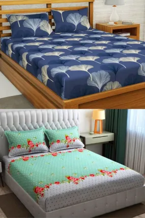 Neekshaa Combo Pack of 2 Super Soft Elastic Fitted Glace Cotton Double Bedsheets with 4 Pillow Covers_Size-72 x 78   8 Inches, Multicolor (Model no.-102)