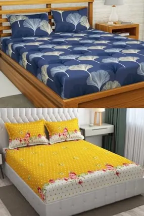 Neekshaa Combo Pack of 2 Super Soft Elastic Fitted Glace Cotton Double Bedsheets with 4 Pillow Covers_Size-72 x 78   8 Inches, Multicolor (Model no.-103)
