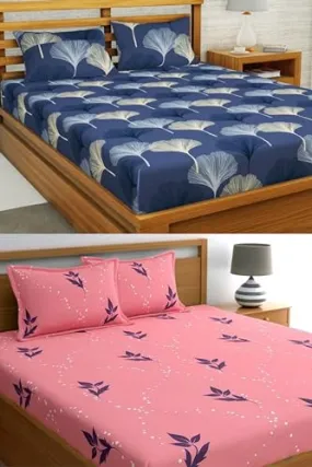 Neekshaa Combo Pack of 2 Super Soft Elastic Fitted Glace Cotton Double Bedsheets with 4 Pillow Covers_Size-72 x 78   8 Inches, Multicolor (Model no.-108)
