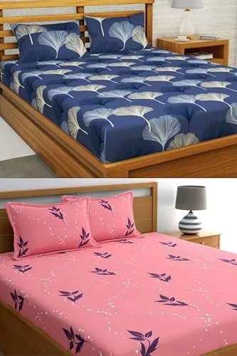 Neekshaa Combo Pack of 2 Super Soft Elastic Fitted Glace Cotton Double Bedsheets with 4 Pillow Covers_Size-72 x 78   8 Inches, Multicolor (Model no.-108)