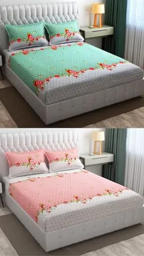 Neekshaa Combo Pack of 2 Super Soft Elastic Fitted Glace Cotton Double Bedsheets with 4 Pillow Covers_Size-72 x 78   8 Inches, Multicolor (Model no.-13)