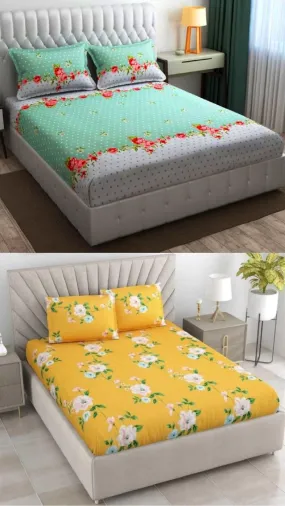Neekshaa Combo Pack of 2 Super Soft Elastic Fitted Glace Cotton Double Bedsheets with 4 Pillow Covers_Size-72 x 78   8 Inches, Multicolor (Model no.-14)