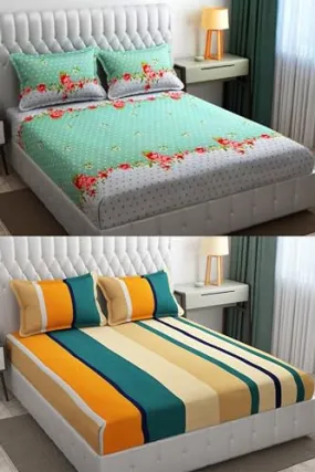 Neekshaa Combo Pack of 2 Super Soft Elastic Fitted Glace Cotton Double Bedsheets with 4 Pillow Covers_Size-72 x 78   8 Inches, Multicolor (Model no.-19)