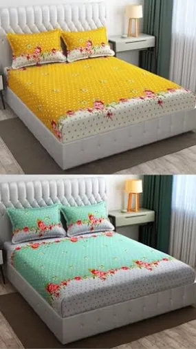 Neekshaa Combo Pack of 2 Super Soft Elastic Fitted Glace Cotton Double Bedsheets with 4 Pillow Covers_Size-72 x 78   8 Inches, Multicolor (Model no.-22)