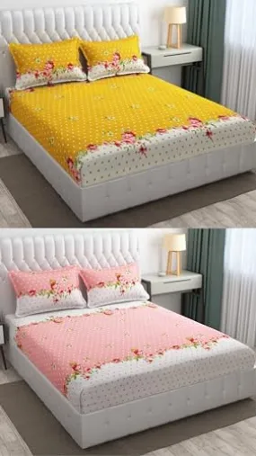 Neekshaa Combo Pack of 2 Super Soft Elastic Fitted Glace Cotton Double Bedsheets with 4 Pillow Covers_Size-72 x 78   8 Inches, Multicolor (Model no.-23)