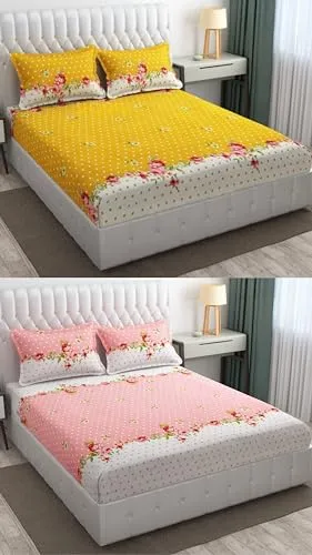 Neekshaa Combo Pack of 2 Super Soft Elastic Fitted Glace Cotton Double Bedsheets with 4 Pillow Covers_Size-72 x 78   8 Inches, Multicolor (Model no.-23)