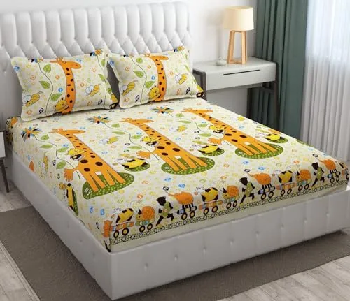 Neekshaa Combo Pack of 2 Super Soft Elastic Fitted Glace Cotton Double Bedsheets with 4 Pillow Covers_Size-72 x 78   8 Inches, Multicolor (Model no.-31)