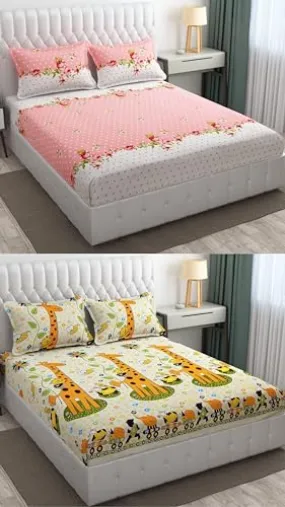 Neekshaa Combo Pack of 2 Super Soft Elastic Fitted Glace Cotton Double Bedsheets with 4 Pillow Covers_Size-72 x 78   8 Inches, Multicolor (Model no.-31)
