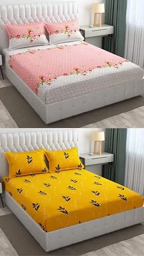 Neekshaa Combo Pack of 2 Super Soft Elastic Fitted Glace Cotton Double Bedsheets with 4 Pillow Covers_Size-72 x 78   8 Inches, Multicolor (Model no.-36)