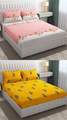 Neekshaa Combo Pack of 2 Super Soft Elastic Fitted Glace Cotton Double Bedsheets with 4 Pillow Covers_Size-72 x 78   8 Inches, Multicolor (Model no.-36)