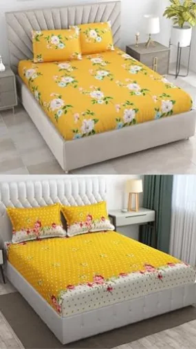 Neekshaa Combo Pack of 2 Super Soft Elastic Fitted Glace Cotton Double Bedsheets with 4 Pillow Covers_Size-72 x 78   8 Inches, Multicolor (Model no.-43)