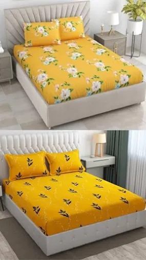 Neekshaa Combo Pack of 2 Super Soft Elastic Fitted Glace Cotton Double Bedsheets with 4 Pillow Covers_Size-72 x 78   8 Inches, Multicolor (Model no.-46)