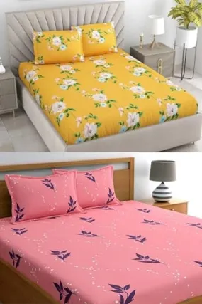 Neekshaa Combo Pack of 2 Super Soft Elastic Fitted Glace Cotton Double Bedsheets with 4 Pillow Covers_Size-72 x 78   8 Inches, Multicolor (Model no.-47)