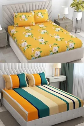 Neekshaa Combo Pack of 2 Super Soft Elastic Fitted Glace Cotton Double Bedsheets with 4 Pillow Covers_Size-72 x 78   8 Inches, Multicolor (Model no.-49)