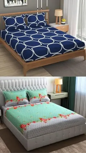 Neekshaa Combo Pack of 2 Super Soft Elastic Fitted Glace Cotton Double Bedsheets with 4 Pillow Covers_Size-72 x 78   8 Inches, Multicolor (Model no.-52)