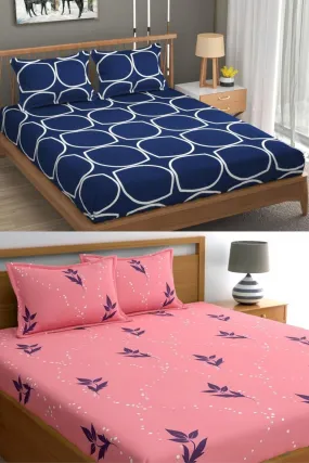 Neekshaa Combo Pack of 2 Super Soft Elastic Fitted Glace Cotton Double Bedsheets with 4 Pillow Covers_Size-72 x 78   8 Inches, Multicolor (Model no.-57)